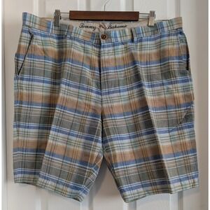 NWOT Tommy Bahama Shorts Mens 40 Plaid Linen Blend Blue Tan Tropical Casual